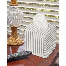 Fabric Tissue Box Cover, Tissue Holder Slipcover, Slips Over Square Cube Cardboard Facial Tissue Boxes -Decorative Black and White Bathroom Decor Ticking Stripe, Cotton, Lined