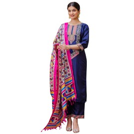 VredeVogel Kurta Set with Dupatta | Silk Blend Kurta Set for Women | Women's Ethnic Casual Kurti Set |Kurta Pant Festive Suit (Blue_2X-Large)