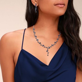 EVER FAITH Rhinestone Costume Jewelry Austrian Crystal Prom Party Flower Vine Filigree Y-Shaped Necklace Dangle Earrings Set for Women Blue Silver-Tone