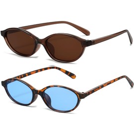 YouthMall Retro Oval Sunglasses for Women Small Oval 90s Sunnies Trendy Narrow Cat Eye Vintage Shades 2 Pack (Brown/Brown+ Leopard/Blue)