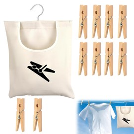 KPSRFG Wooden Clothes Pegs and Peg Bag Set, 10Pcs Pegs for Washing Line with Durable Peg Bag with 6cm Hook, Ideal for Indoor and Outdoor Laundry, Craft Projects, and General Household Use