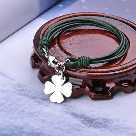 Feilok Fashion Unisex Stainless Steel Leather Braid Four Leaf Clover Bracelet Bangle, Green