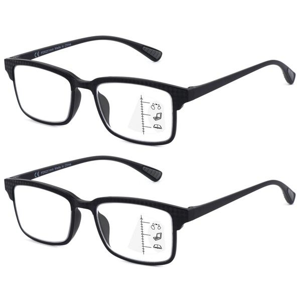 CARA - Juego de 2 lentes de lectura multifocales progresivas para hombres y mujeres, marco TR90 premium con bloqueo de luz azul, lectores multifocales, Espacio de trabajo de 3 pies progresivo/negro