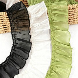 SEWVIVD 2 Inch Wide 6 Yards Shiny Organza Ruffle Trim, Black Pleated Glossy Lace Ribbon Frill Trim for Sewing DIY Crafts & Clothing Embellishments, Dress, Wedding Decor