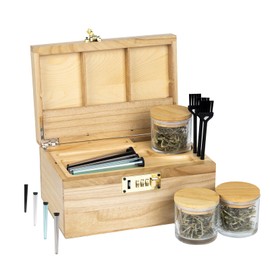 Premium Bamboo Storage Box with Combination Lock，Storage Decorative box with Removable Tray,Storage Lockbox Set with 3 Jars & 3 Brushes&4 Tubes,Detachable Compartment,Secret Box,Great Gift Choice