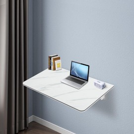 Wall Mounted Folding Table, 27.56'' x 15.75'' Folding Table 176 lbs Load Capacity Floating Desk with Trestle Mutifuctional Hanging Desk for Small Space Wooden Desk for Office Home Kitchen (White)