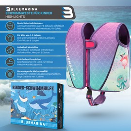 Bluemarina Life Jacket for Children, Various Sizes from Toddler to Baby, Learning to Float, Swimming Aid, Swimming Armbands, Swimming Ring, Swimming Vest for Children from 1-9 Years (Mermaid, S)