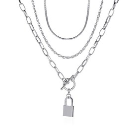 ONLYJUMP Stacked Lock Necklaces for Women Black Lock Chains Heart Grunge Layered Necklace Chunky Stylish Minimalist Pendant Jewelry (Silver bar)