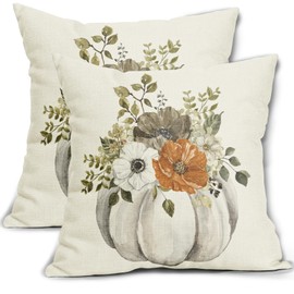 Sweetshow Fall Pillow Covers 18x18 Set of 2 Autumn Watercolor Pumpkin Flower Leaves Print Throw Pillows Thanksgiving Outdoor Decorative Case Linen Cushion Farmhouse Decor for Home Couch Sofa Bed