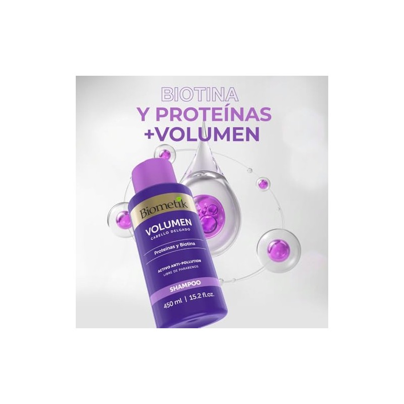 Biometik Volumen, Shampoo para Cabello Delgado, Mayor Volumen, Mejora el