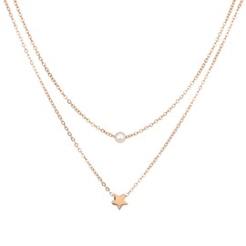KEYUN Gold Pearls Necklace for Women Trendy Layered Charm Necklace Stacks Star Pendant 18K Plated Necklace Sets Simple Fashion Everyday Gold Jewelry Gift Style1 Rosegold
