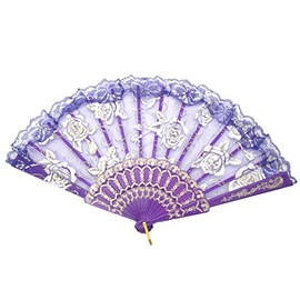 TRENDBOX Flower Rose Lace Handheld Chinese Folding Fan for Dancing Ball Parties Ladies - Purple
