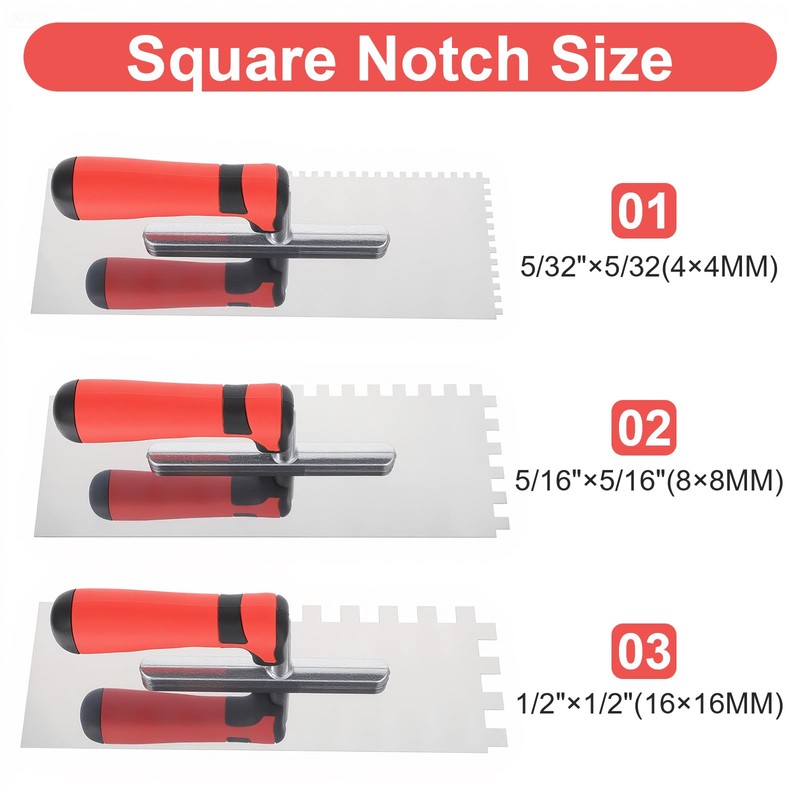 3 Pieces Tile Tools Stainless Steel Square Notched Trowel Set