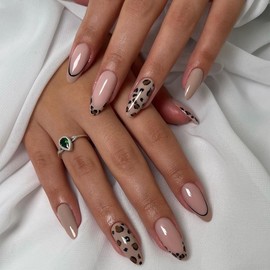 24PCS Acrylic Press on Nails Long Almond Fake Nails Nude Leopard Print Coffee Color Glue on Nails False Nails French Gloss Designs Nails Press on Artificial Nails Stick on Nails for Women
