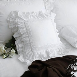100% Cotton Ruffle Lace Antique Throw Pillow Case Cushion Cover 45x45cm Ruffled White Square Cushion Cover Nordic Shabby Decor Antique Linen