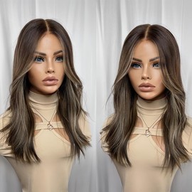 Highlight Ombre Brown Synthetic 13x4 HD Lace Front Wigs for Black Women Natural Wave Heat Resistant Wigs with Dark Roots Pre plucked Frontal with Baby Hair Middle Parting