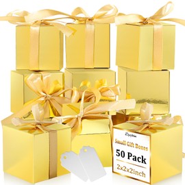 Dyrfolm 50 Pack Small Gift Boxes,2x2x2 inch Favor Boxes,Gold Gift Boxes with Ribbons,Paper Gift Boxes with Lids for Presents,Candy Boxes for Wedding,Party,Christmas,Holidays,Birthdays,Baby Shower