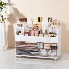 Anyoifax Makeup Organizer Countertop with Large Drawers, Vanity Organizer with Brush Holder, Skin Care Stroage for Dresser, Perfume Organizer for Lotion, Lipsitck, Palettes, White