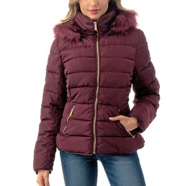 Fashiontasy Women's Short Puffer Coat with Removable Faux Fur Trim Hood Jacket (Large, BMJ01-Burgundy)