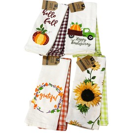 Twisted Anchor Trading Company Fall Kitchen Towels Gift Set - 8 pc Plaid Kitchen Towels, Thanksgiving Fall Kitchen Towel Set, Flour Sack Kitchen Towels - Comes in Organza Gift Bag