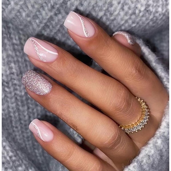 LoveOurHome 24pc Glitter Press on Nails Short Square Fake Nails