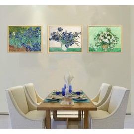 Irises by Vincent Van Gogh Oil Painting - Roses Artwork Canvas Print Floral Wall Art Picture with Natural Wood Framed for Bedroom, Bathroom, Office Decor - 16"x24"x3 Piece