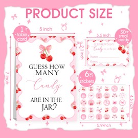 Cherry Baby Shower Decor, Guess How Many Baby Shower Game, Decoration For Girl's Baby Shower with 30PCS Cherry Bow Cards Kids' Birthday, Sticker, Party Favor & Decoration