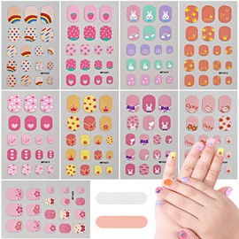 Colorful Nail Stickers for Kids, Self Adhesive Full Nail Wraps for Kids Girls Strips for Decoration Fun Including Strawberry Flower Rainbow Star Designs for Age 8 and Older (9 Sheets)