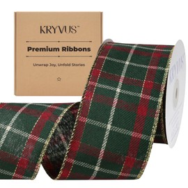 Kryvus Tartan Plaid Christmas Ribbon, 2.5 Inch X 10 Yards Tartan Ribbon with Gold Wired Edge, Perfect for Gift Wrapping, Wreath, Home & Christmas Decorations (Green/Red)