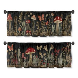 Wssklovj Mushroom Valance Curtain for Windows 2 Pack Plant Leave Butterfly Forest Vintage Rod Pocket Window Treatments Short Curtains for Kitchen Windows Bathroom Bedroom 54x18 Inch