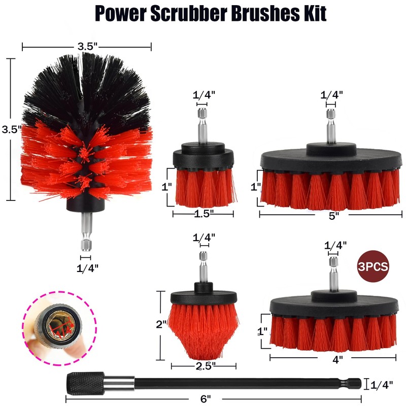 Drill Brush Attachment Set, 7 Pack 1/4in Power Scrubber Brush