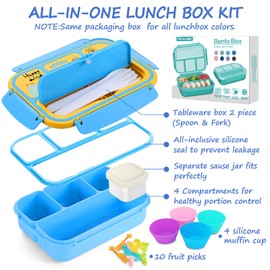 Sunhanny - Lonchera para niños, caja de almuerzo Bento para niñas y niños, con 4 compartimentos, contenedor de salsa, utensilios, púas de comida y magdalenas, dinosaurio azul