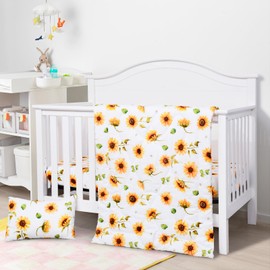 JISEN 3 Piece Crib Bedding Set Soft Baby Crib Bedding Set Floral Crib Comforter Set - Crib Comforter Crib Sheet Pillowcase Nursery Bedding Sets for Baby Girls or Boys Sunflowers