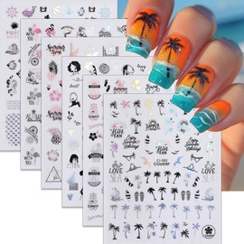 ROFIBUT Summer Nail Art Stickers Palm Tree Nail Decals Laser Silver Black Seashell Mermaid Shape 3D Self-Adhesive Nail Art Designs Tropical Ocean Nail Foil Supplies for Women Girls Manicure 6 Sheets