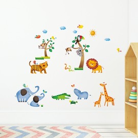DECOWALL DW-1206 Cartoon Jungle Animals Kids Wall Stickers Safari Giraffe Tree Monkey Decals Removable Nursery Bedroom Living Room Playroom Art Decor Decoration