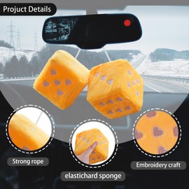 Heart Shaped Vintage Embroidered Fuzzy Plush Dice, Pair 3” Heart Shaped Hanging Dice Ornaments, New Car Decorative Vintage Accessories for Car Interior Rearview Mirror(Yellow)