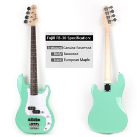 Fojill Full Size Electric Bass Guitar with Rechargeable Battery Bluetooth 10 Watt Amp Amplifier 4 String Right Handed Beginner Kit Set Package Combo Bundle with Gig Bag and Accessories(Green)