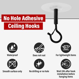 DOVORSY No Hole Adhesive Ceiling Hooks for Hanging Plants,No Drill Sticky Eye Hooks for Hanging Boby Mobile Curtain,Lights, Lanterns,Wind Chimes(Black,4Psc)