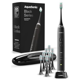 Aquasonic Black Series Ultra Whitening Toothbrush – ADA Accepted Electric Toothbrush- 8 Brush Heads & Travel Case – 40,000 VPM Electric Motor & Wireless Charging - 4 Modes w Smart Timer