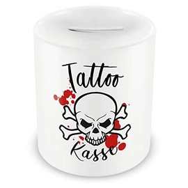 Samunshi® Piggy Bank Tattoo Money Box Black White – Tattoo Cash Register with Skull – as Voucher Tattoo Gift Ideas Money Box Tattoo Money Funny