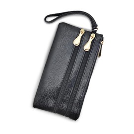 FuninCrea Women's Leather Purse Large 3 Zip Pockets Purse Women's Large Purse Women's Long Bum Bag Women's Large Women's Purse with Hand Strap, black, Modern