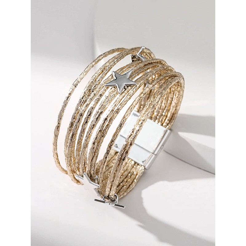Leather Bracelet for Men Women Silver Star Multilayer Wrap Bracelet