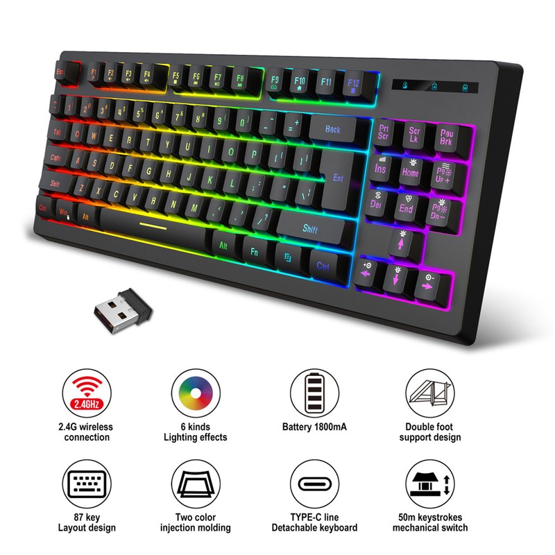 2.4G Wireless Keyboard 87 Keys RGB Backlight 1800mAh Battery Office