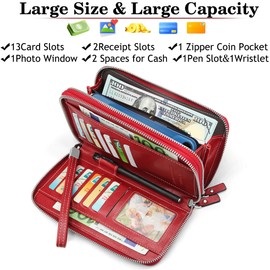 QEWORANE Women Wallet RFID Blocking Leather Wristlet Purse Credit Card Holder Phone Clutch Zip Around Ladies Travel Wallets (Burgundy)