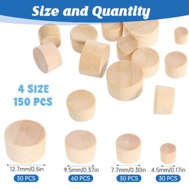 150 Pcs Wooden Hole Plug, 4-Sizes Wood Plugs Hardwood Hole Plugs Wooden Button Plug for Table and Chair Legs Cabinet Reserved Holes 3/16 Inches, 5/16 Inch, 3/8 Inches, 1/2 Inch