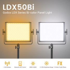 Godox LDX50Bi 14'' Bicolor LED Video Light, 65W 2800K-6500K LED Panel Light with 600 LED Beads 11 FX Effects CRI/TLCI 96+ 9200Lux Dimmable 0-100% Studio Soft Lights for Photography
