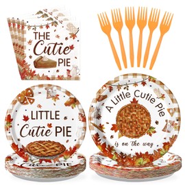 Grencian 96Pcs Fall Cutie Pie Baby Shower Decorations Little Cutie Pie Plates and Napkins Disposable Autumn Pumpkin Pies Tableware for Baby Shower Fall Harvest Thanksgiving Party Supplies, Serves 24