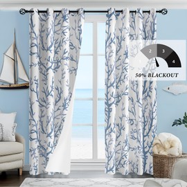 weesire Nautical Coastal Curtains Decorative Beach Ocean Coral 50% Light Blocking Sea Darkening Grommet Curtain for Villa Living Room, Bedroom Light Blue and White 2 Panels Set, 52x96 Inches
