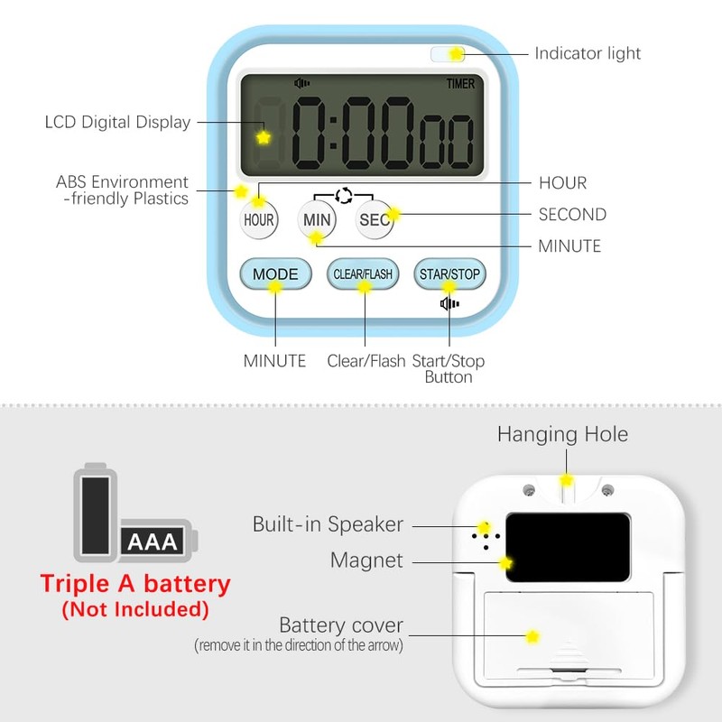 Kitchen Timer, Digital Visual Timer 24-Hours Magnetic Clock Stopwatch Count-Up