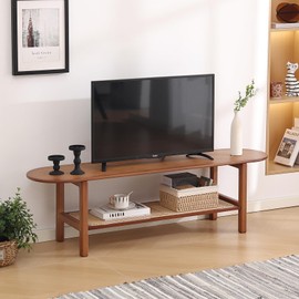 Tiita TV Stand with Storage for TV up to 65 inch, Bamboo Rattan TV Console Entertainment Center with 2 Open Shelf, Mid Century Modern Media Console for Living Room, Bedroom, Walnut